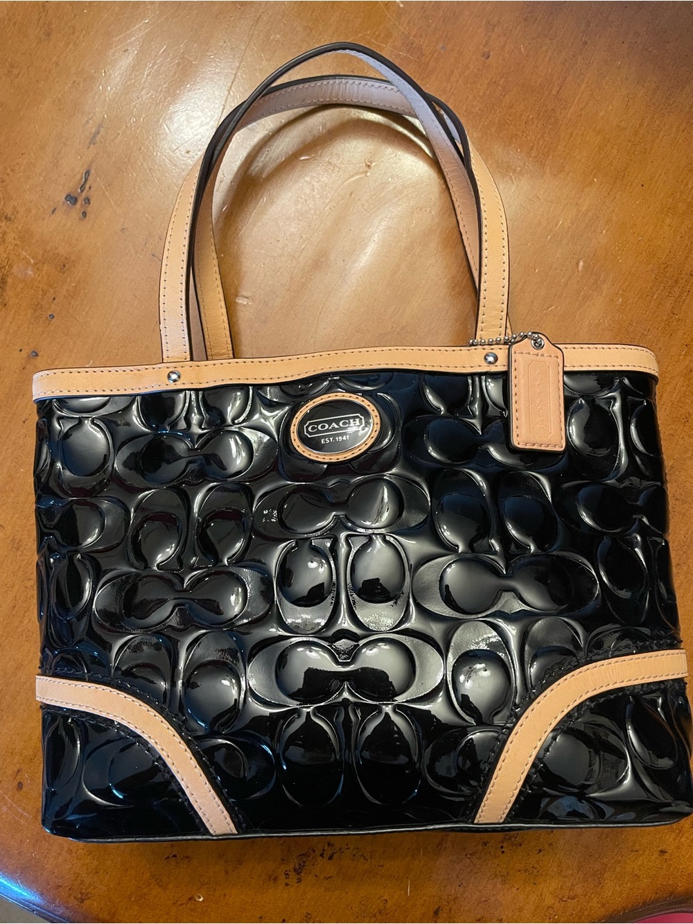 Coach Black Patent Tote with Tan Trim